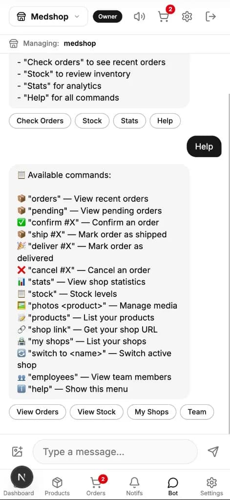 Merchant AI assistant in dashboard