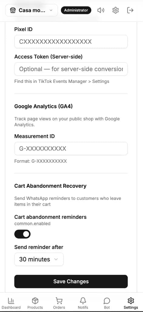 Marketing pixels and cart recovery settings