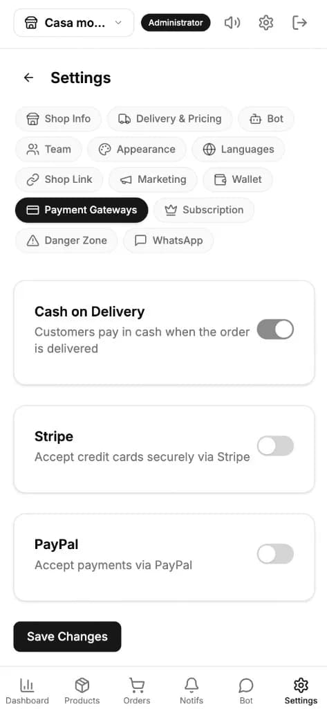Payment gateway settings